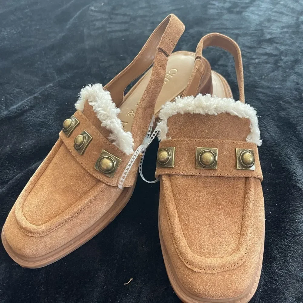 Chelsea & Violet tan suede sling‎ back mules, new without tags, size 7